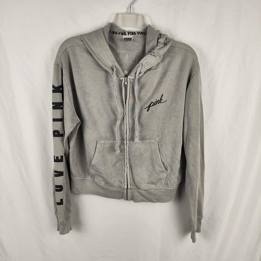 Victoria's Secret PINK Hoodie Womens Small Gray Full Zip Love Pink Graphic